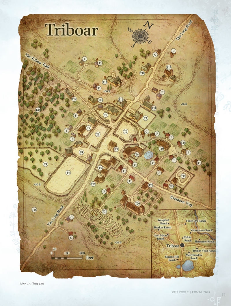 Triboar is a market for the horses raised by nearby ranches. Blacksmiths, harness-makers, and wagon-works also flourish in town. Nearly half of Triboar’s population lives outside the town proper on sprawling ranches and neighboring farmsteads.
